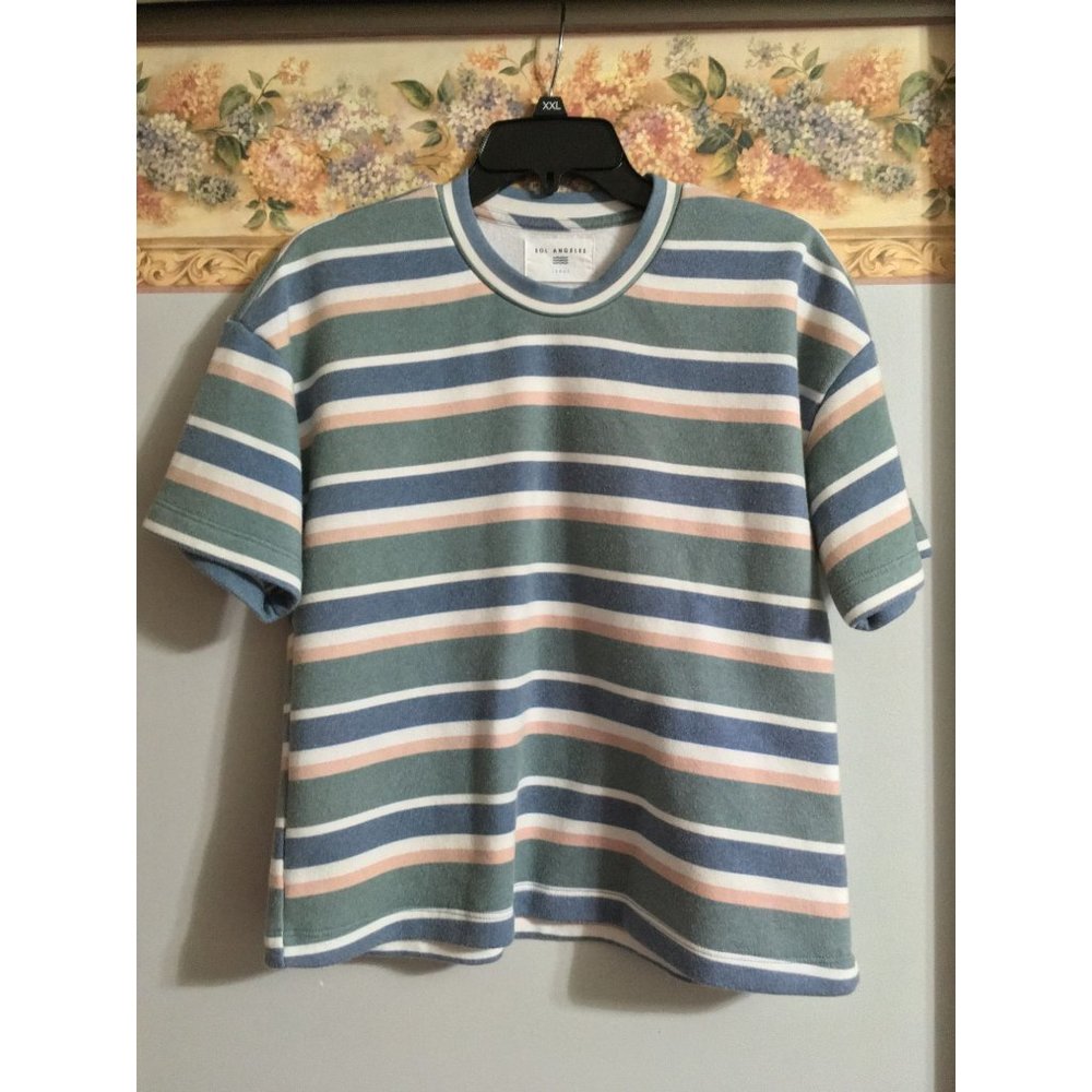 Sol Angeles Anthropologie Large Strip Multicolor Fleece Short Sleeve Sweatshirt